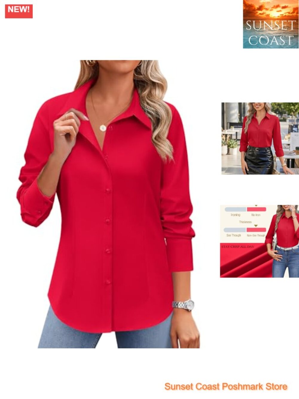 Wrinkle Free Button Down Shirt Women Long Sleeve Work Blouse V-Neck